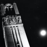 The Memorial Belltower at night.